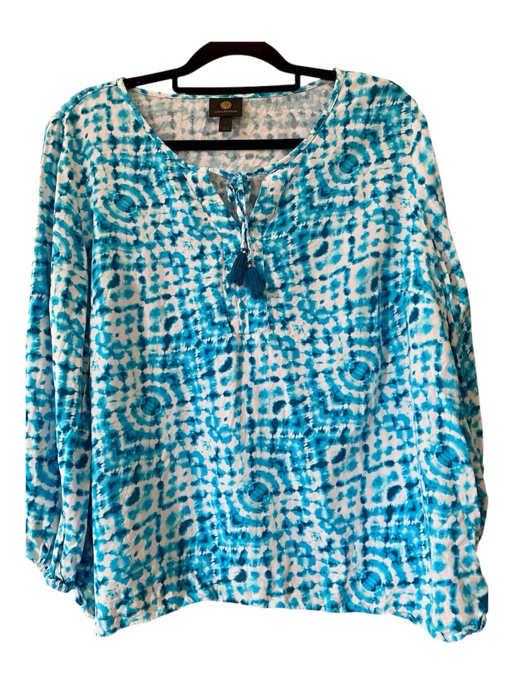 JM Collection Blue White Boho Print Tassel Tie Peasant Blouse Large